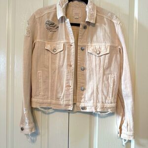 AMERICAN EAGLE Denim Jacket Distressed Size XS Beige/Light Pink